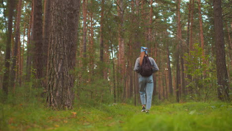 vista trasera de una mujer caminando a través de un bosque sereno, con una mochila y un pañuelo azul, agarrándose a correas mientras navega por un camino tranquilo, rodeada de exuberante vegetación y árboles altos