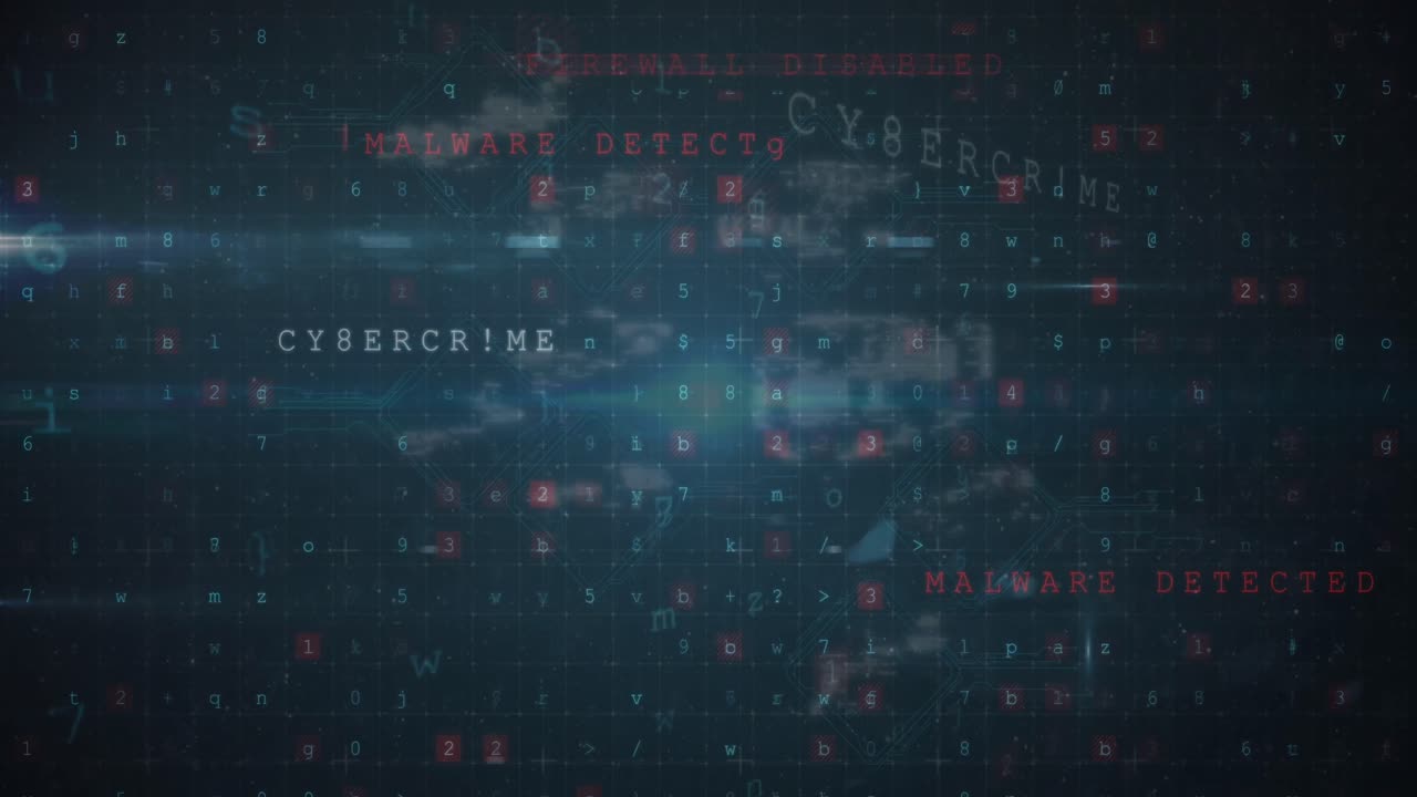 Animation of icons and data processing on black background