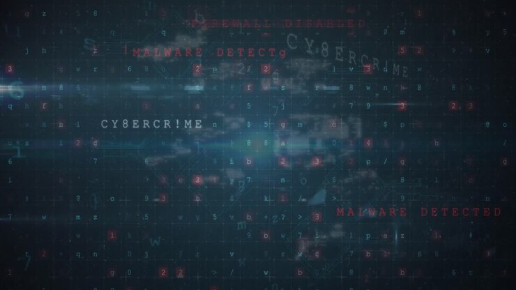 Animation of icons and data processing on black background