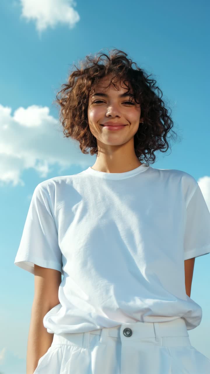 A low-angle video shot of a person in a white shirt against a clear blue sky with clouds