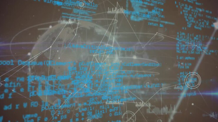 Animazione di reti di connessioni ed elaborazione dati sul globo su sfondo nero