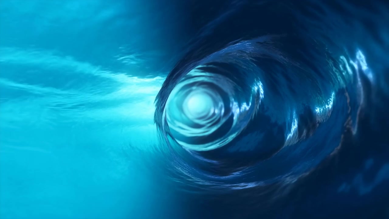 Abstract underwater spiral tunnel with bright center point, sweeping cyan light, glossy curved liquid texture, deep blue surrounding space, centered view, soft blur, and futuristic hypnotic energy