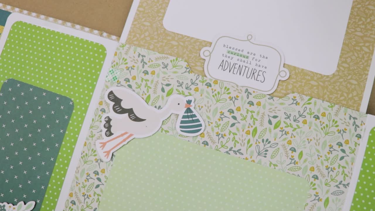 Cicogna che trasporta un dolce bambino in una borsa, per uno scrapbook per bambini