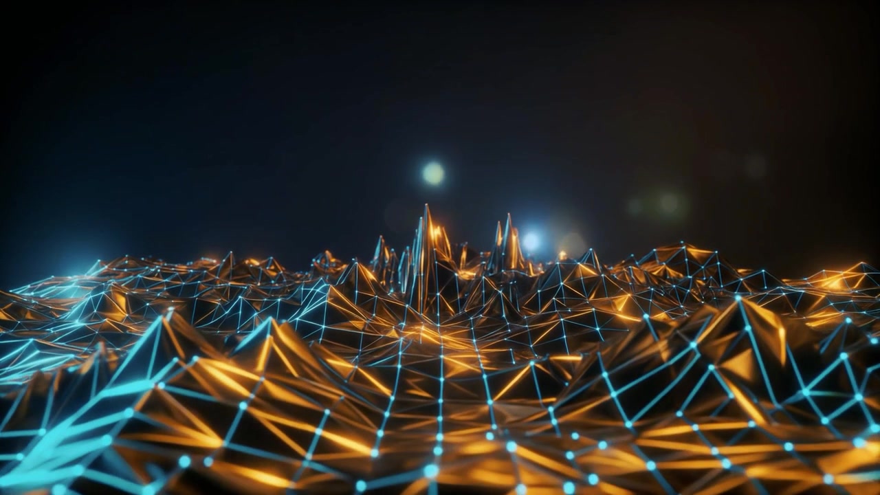 Abstract Digitaal Landschap met Gloeiend Blauw Draadmodel en Gouden Terrein