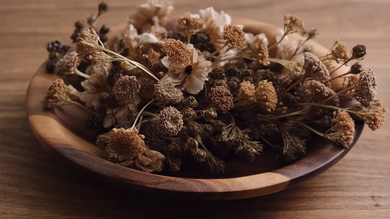 Dried Flowers in a Wooden Bowl
