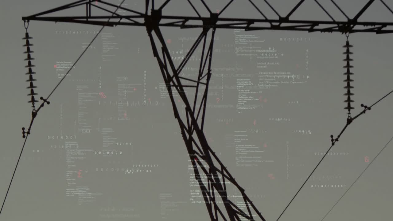 Faint binary streams appearing behind transmission pylon, floating into C++ code, mapping data flow