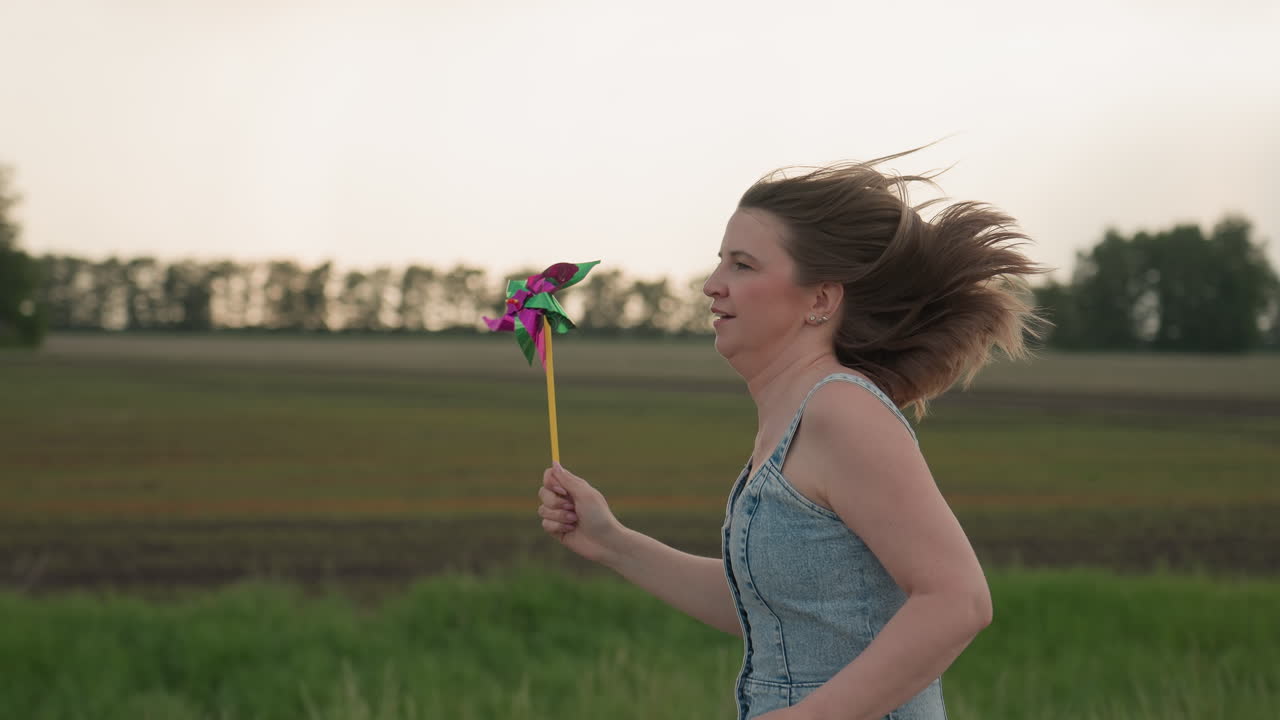 Happy woman in denim dress runs joyfully along straight asphalt road holding colourful pinwheel high under cloudy sky hair blowing in summer breeze in energetic stride