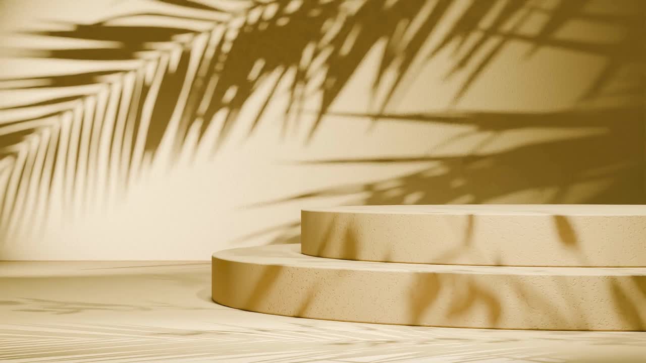 Minimal round podium with tropical palm leaf shadows on yellow background. Natural sunlight overlay in studio setting. Botanical and product display mockup. Design for banner, invitation, postcard.