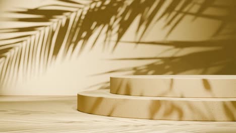 minimal round podium with tropical palm leaf shadows on yellow background. natural sunlight overlay in studio setting. botanical and product display mockup. design for banner, invitation, postcard.