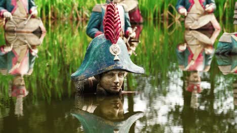 Statue-of-Napoleon-in-deep-water,-zoom-out-view