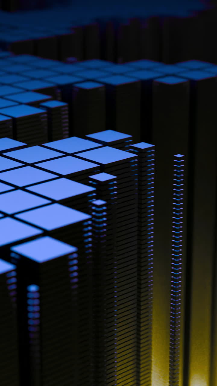 Kisi Blok Biru Bercahaya, Pilar Voxel yang Menjulang Seperti Cakrawala Kota Futuristik dengan Penerangan Neon dan Kedalaman