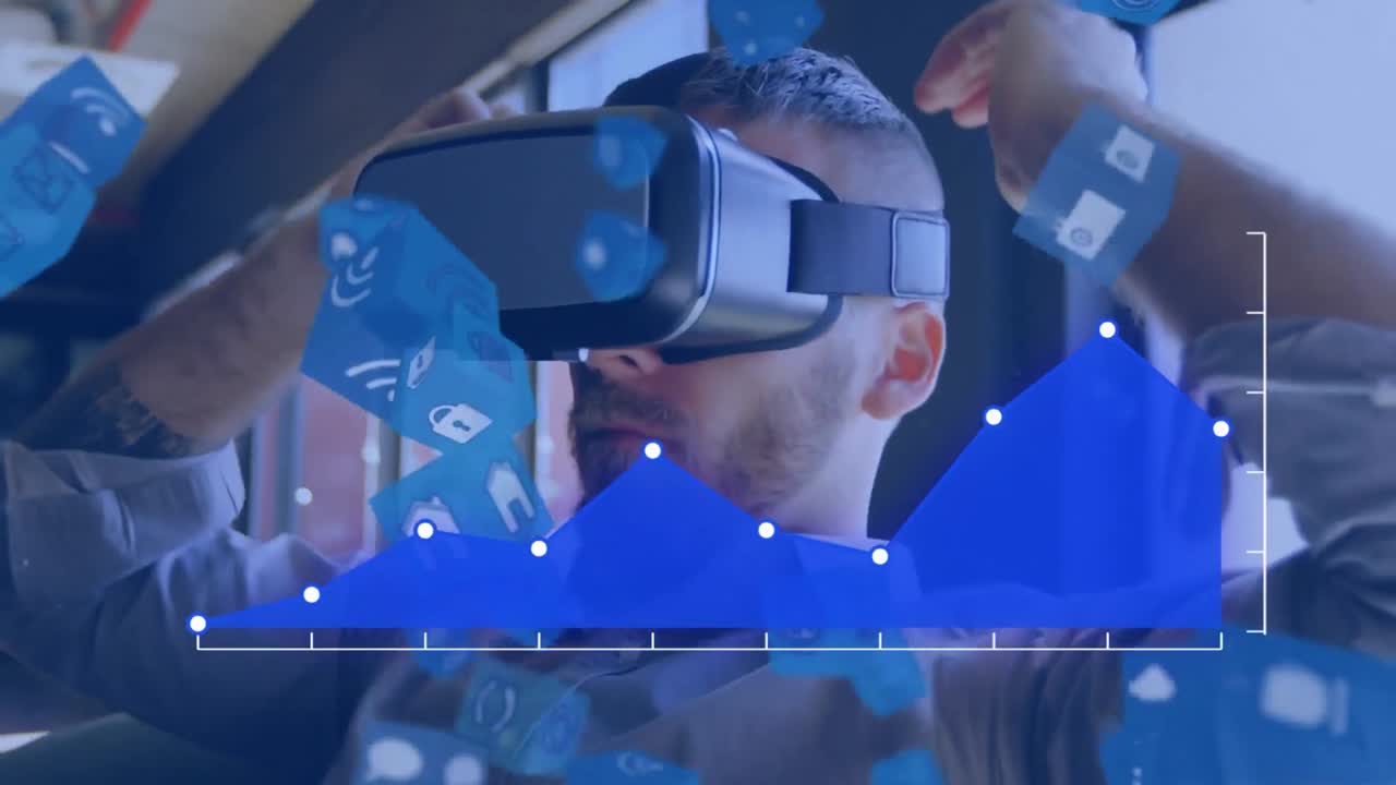 Animation of data processing and icons over caucasian businessman using vr headset