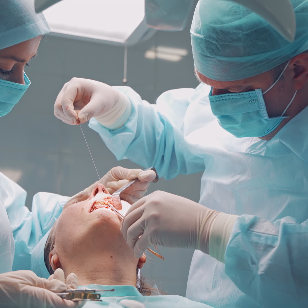 Professional dentist sews with a thread in patient's mouth in dental clinic. Specialist man and his assistant in medical uniform at work in the stomatology center. Dental operation.