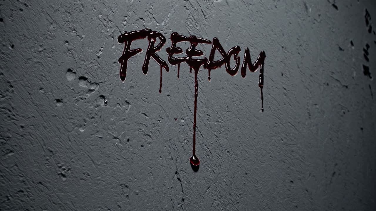 Blood dripping down a gray wall forms the word freedom, powerfully symbolizing the ongoing struggle for liberty and human rights amid oppression and tyranny