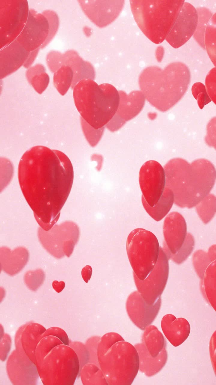 Cuori rossi che fluttuano verso l'alto su uno sfondo rosa scintillante