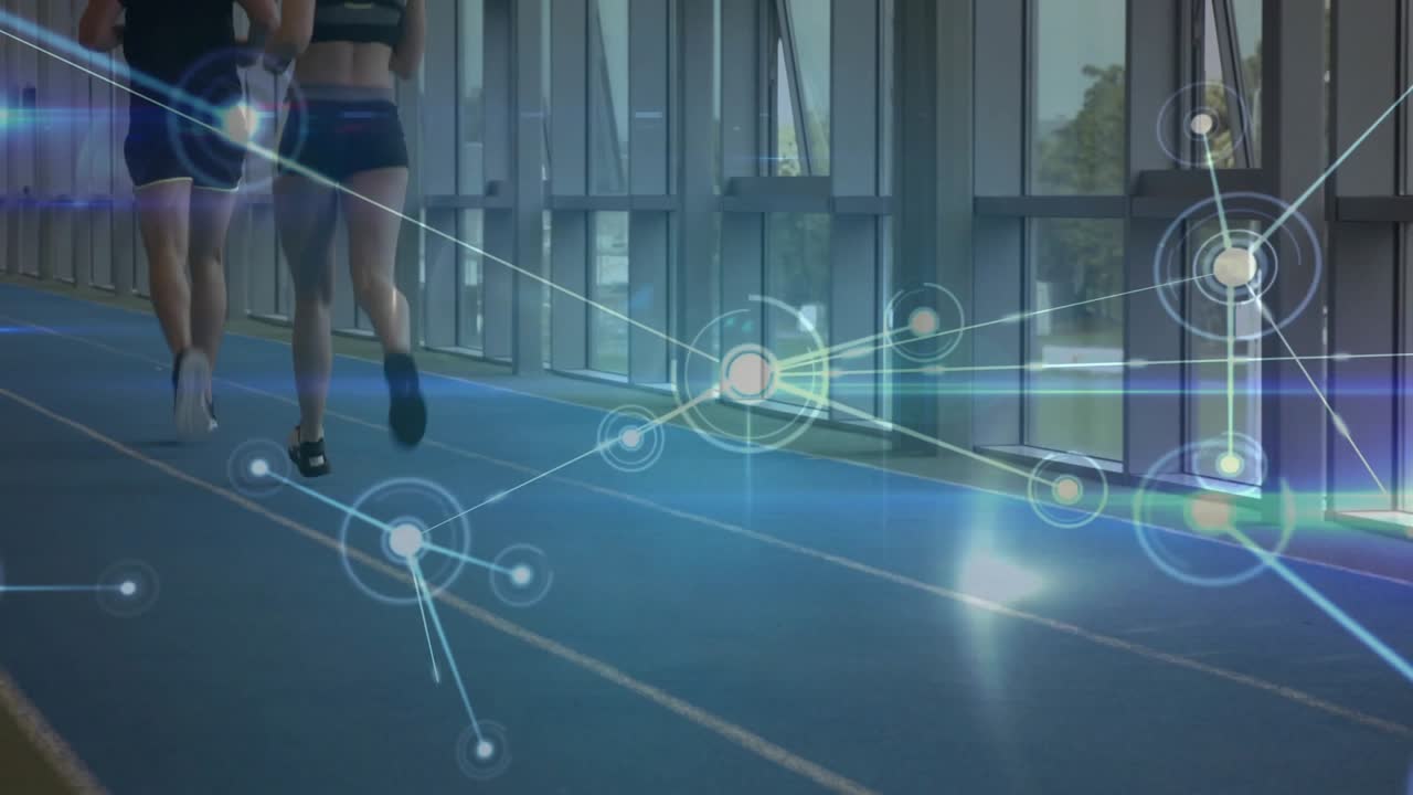 Female and male runners entering blue track HUD nodes expanding syncing to steps for sports data