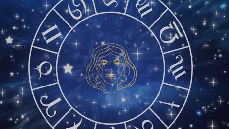 animation of virgo star sign symbol in spinning horoscope wheel over glowing stars