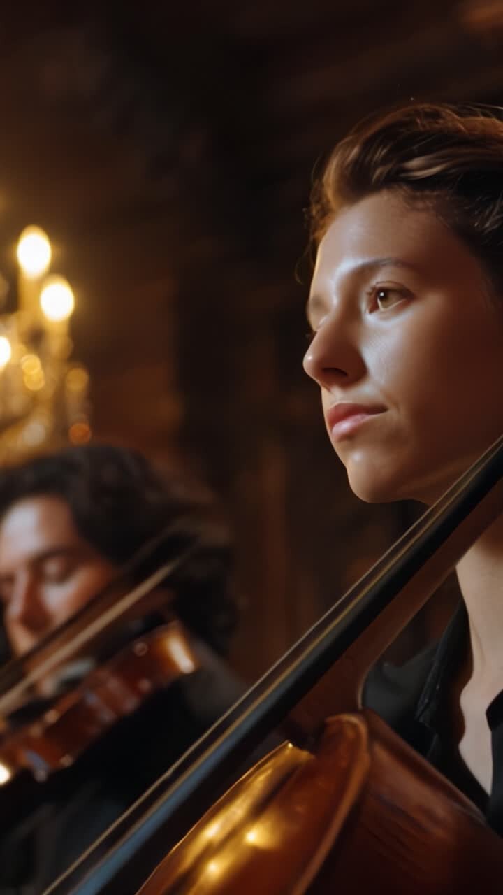 Performance Accattivante: Due musicisti profondamente immersi nella loro arte, circondati dall'eleganza, che mostrano l'intensità dell'espressione musicale e dell'emozione