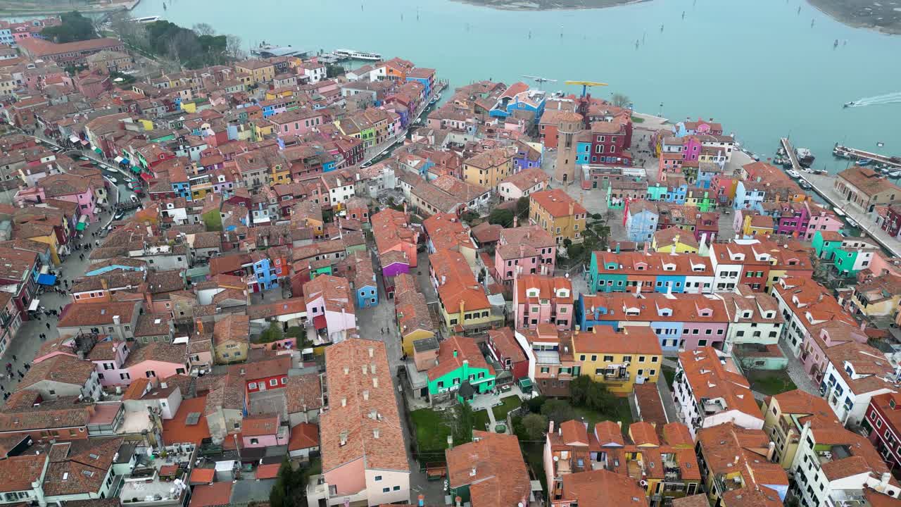 Colorful Houses Aerial Flyover, Burano