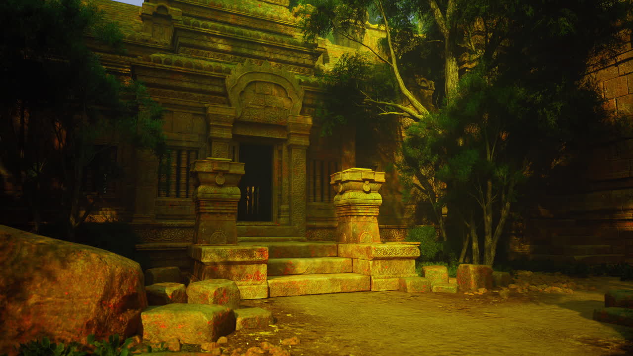Ancient stone temple ruins surrounded by lush greenery at sunset