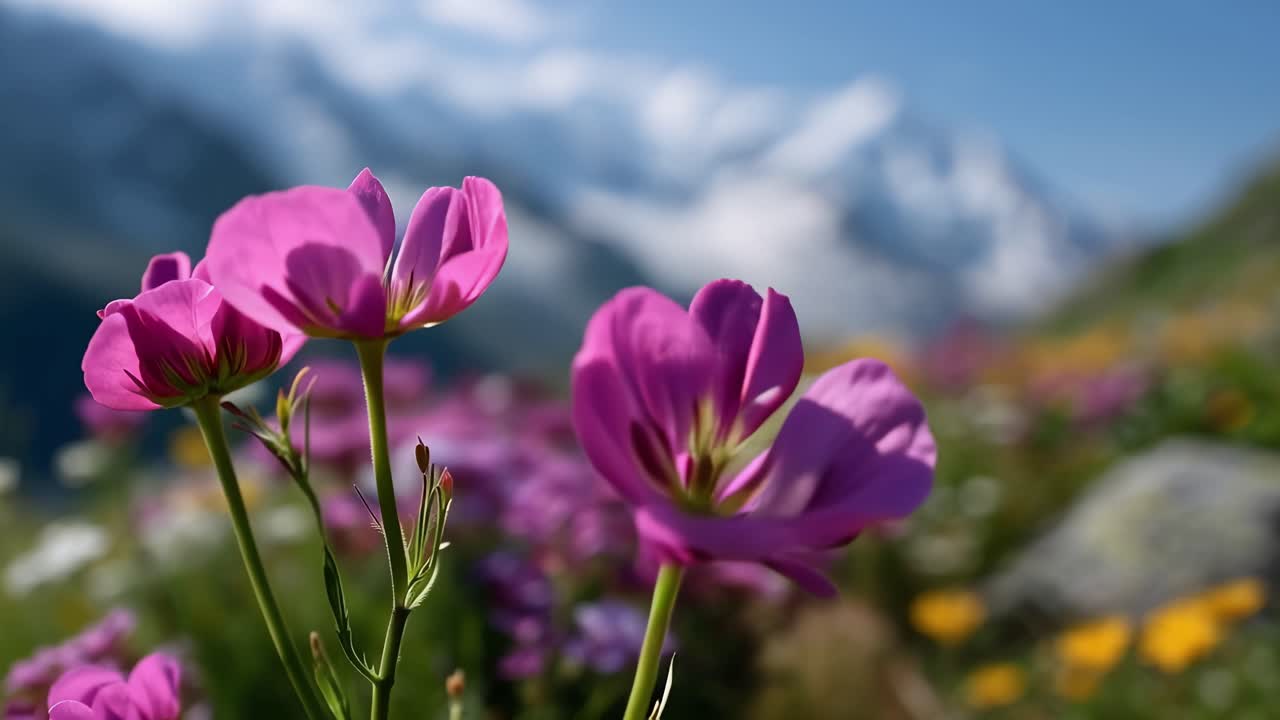 Vibrant wildflowers bloom in alpine meadow. Snow-capped peaks loom behind soft green hills. Sunlight glows through delicate petals. Nature's quiet beauty captivates the eye