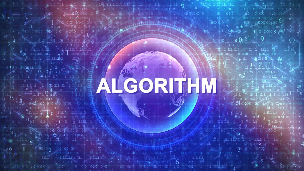 Algoritmetekst, der vises på en digital globus med databaggrund