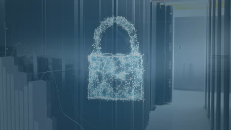 animación de puntos conectados que forman bloqueo, escudo, nube y gráficos sobre bastidores de servidores de datos