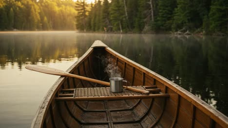 a tranquil morning canoe scene surrounded by lush forests with a steaming mug of coffee, perfectly reflecting calm waters in the early sunrise glow
