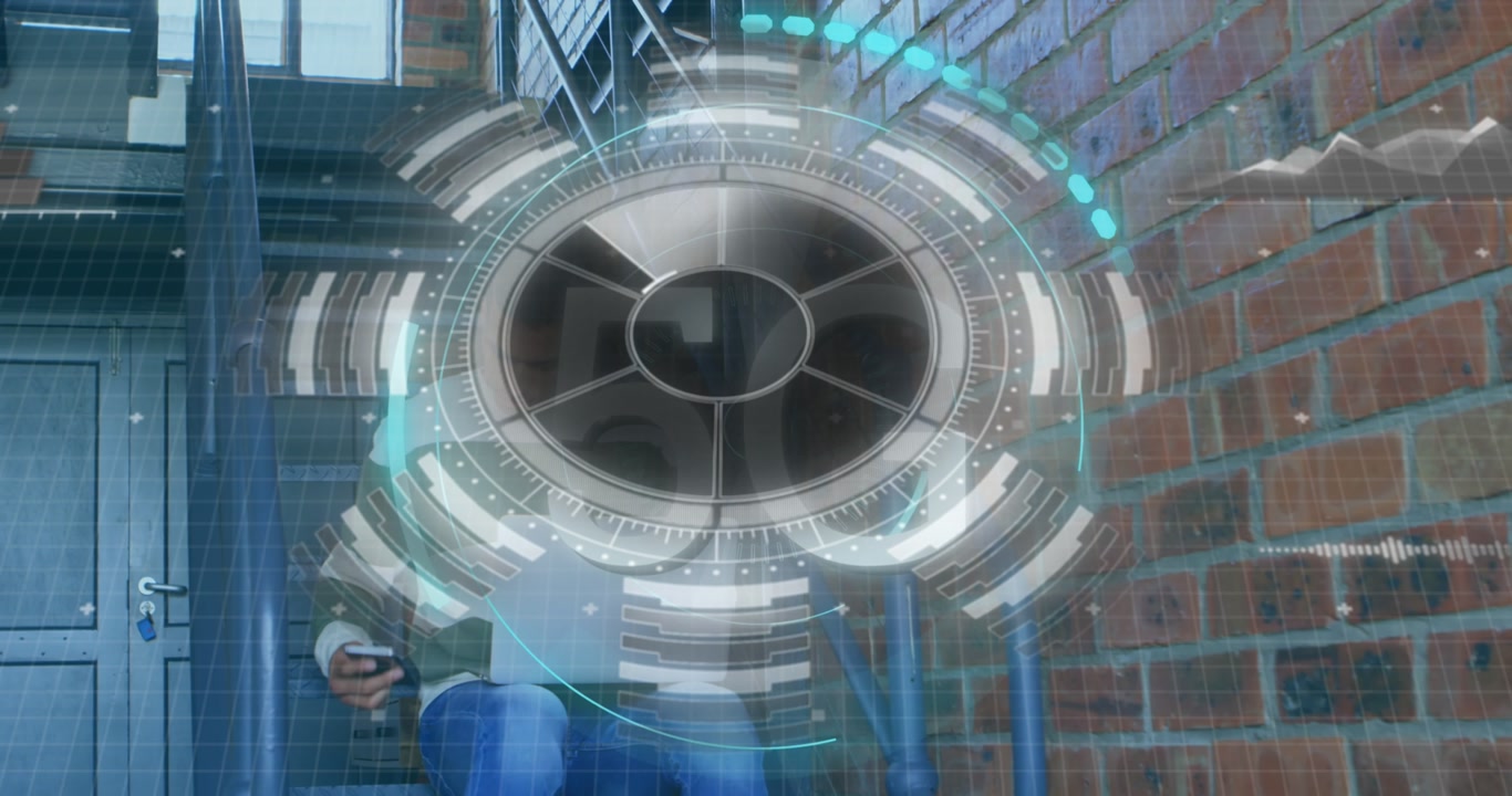 Man uses tech with 5G circle in futuristic photo.