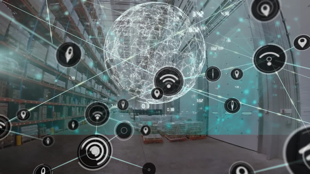 Animation of network of connections with icons over warehouse