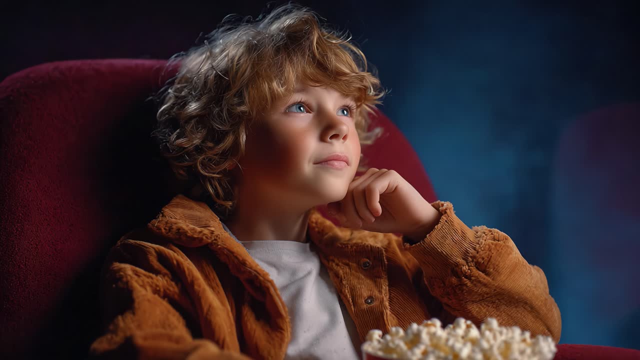 Captivated by the Screen: A Young Boy’s Enchantment During a Movie with Popcorn in Hand, Reflecting Pure Joy and Wonder in a Cozy Theater Setting