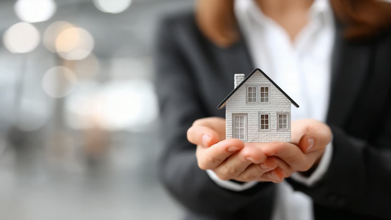 Un individuo profesional sosteniendo una casa modelo que simboliza el éxito inmobiliario y la propiedad de vivienda en un entorno de fondo difuminado.