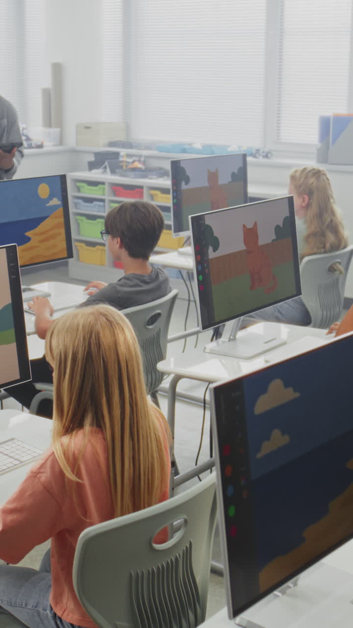 Elementary School Children Using Computers Doing Creative 3D Design Projects