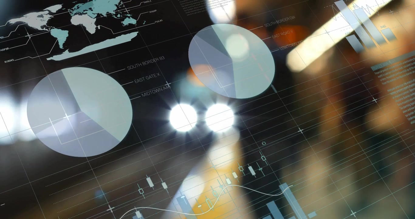 Animation of financial charts overlaying blurred city lights in background