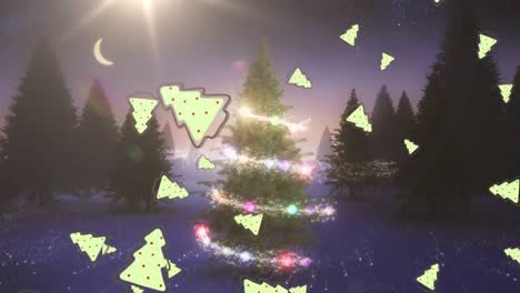 animación de árboles de navidad que caen sobre estrellas fugaces y árboles en el fondo de invierno