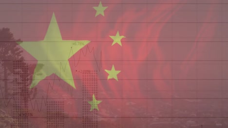 Animación-De-La-Bandera-De-China-Y-Procesamiento-De-Datos-Financieros-Sobre-El-Paisaje-Urbano.