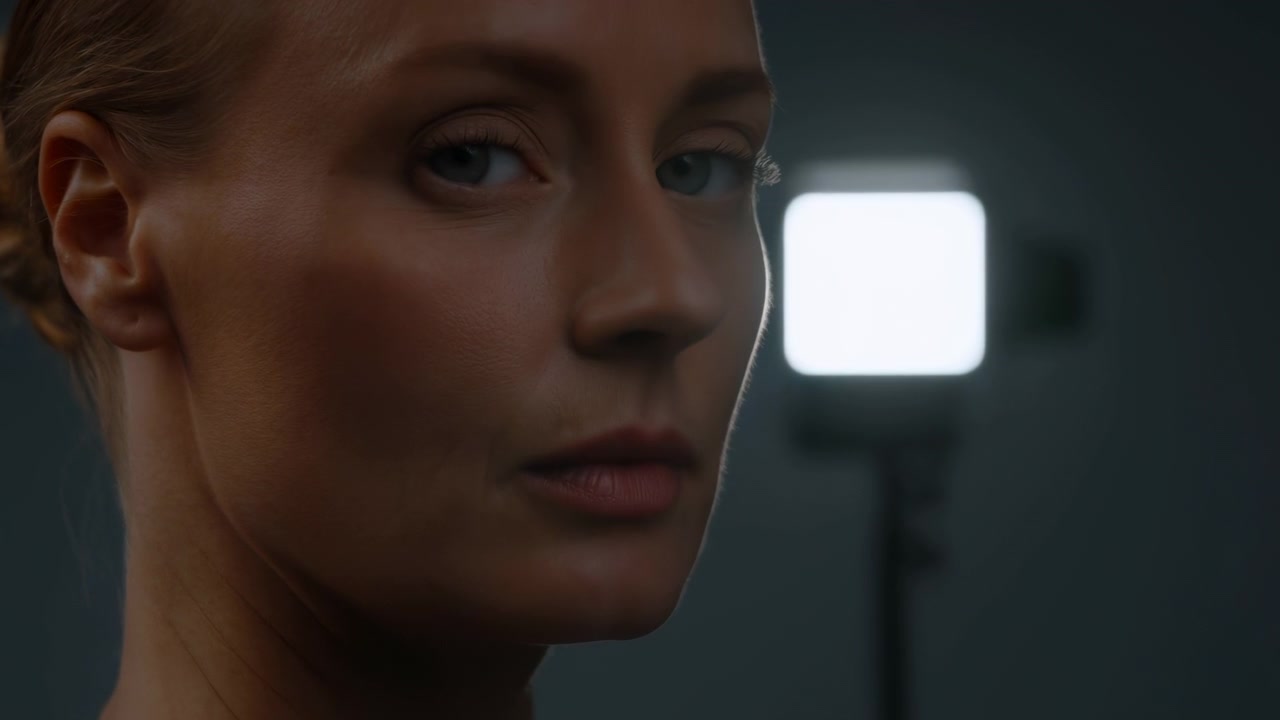 Close-up view follows gradual head turn from shadowed profile to front-facing portrait as soft light reveals facial features, tied-back hair, and steady eyes against dim blue-gray surroundings.