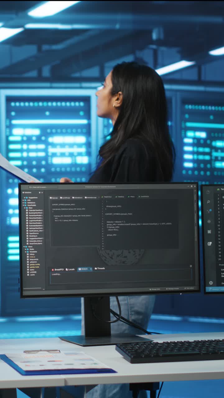 Female Programmer Working in Server Room with Multiple Monitors