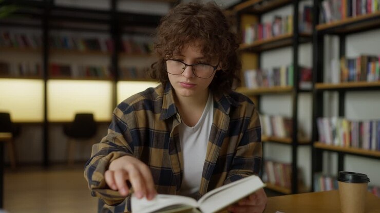 Confident girl student with curly hair in glasses and a plaid shirt reads a book while sitting at a table in the library