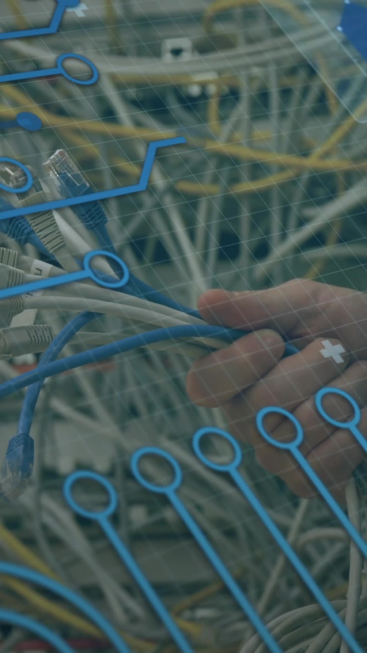 Animation of network of connections with icons over business people working in office