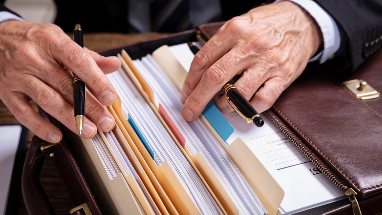 Comparing black-gold pens, man's hands with dark suit cuffs scanning file on desk, locating form