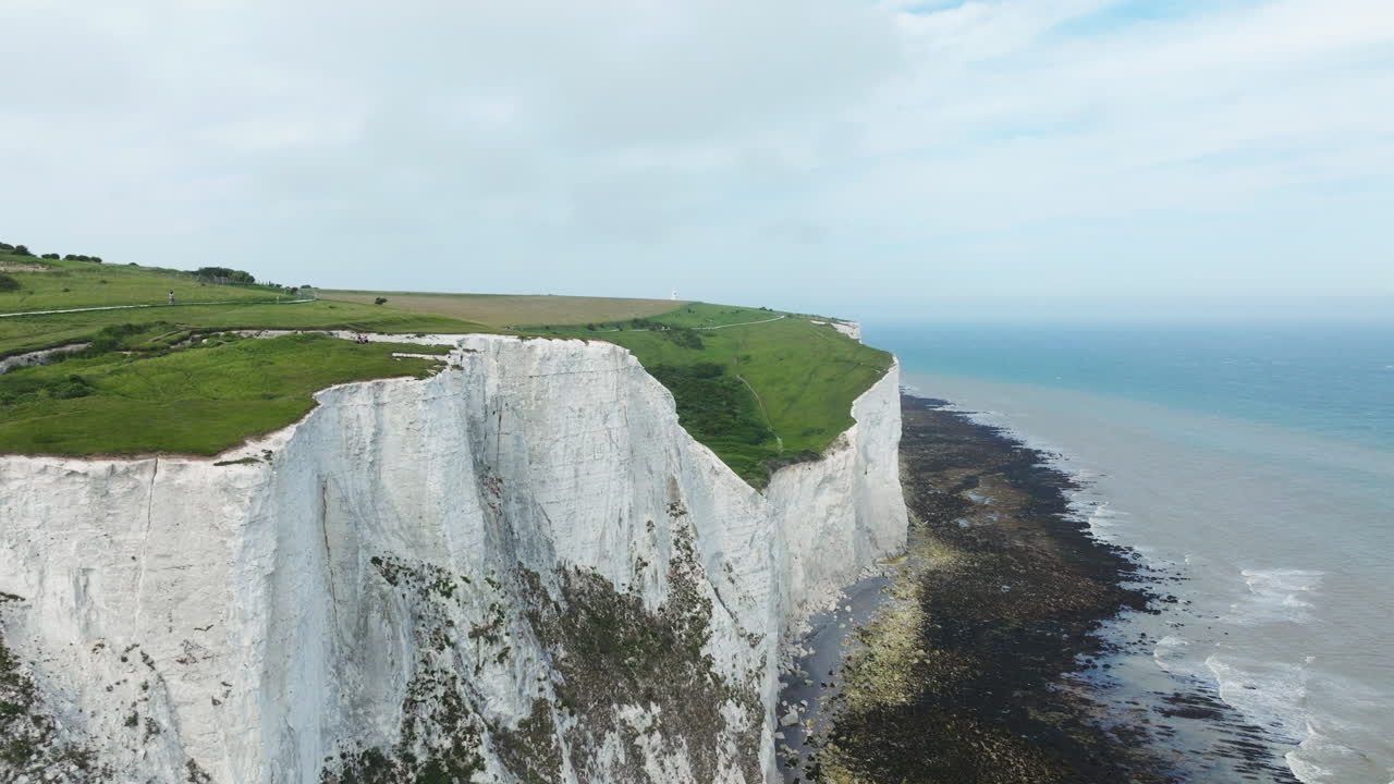 Famous White Cliffs Of Dover Across The English Channel In England. Aerial Drone Shot