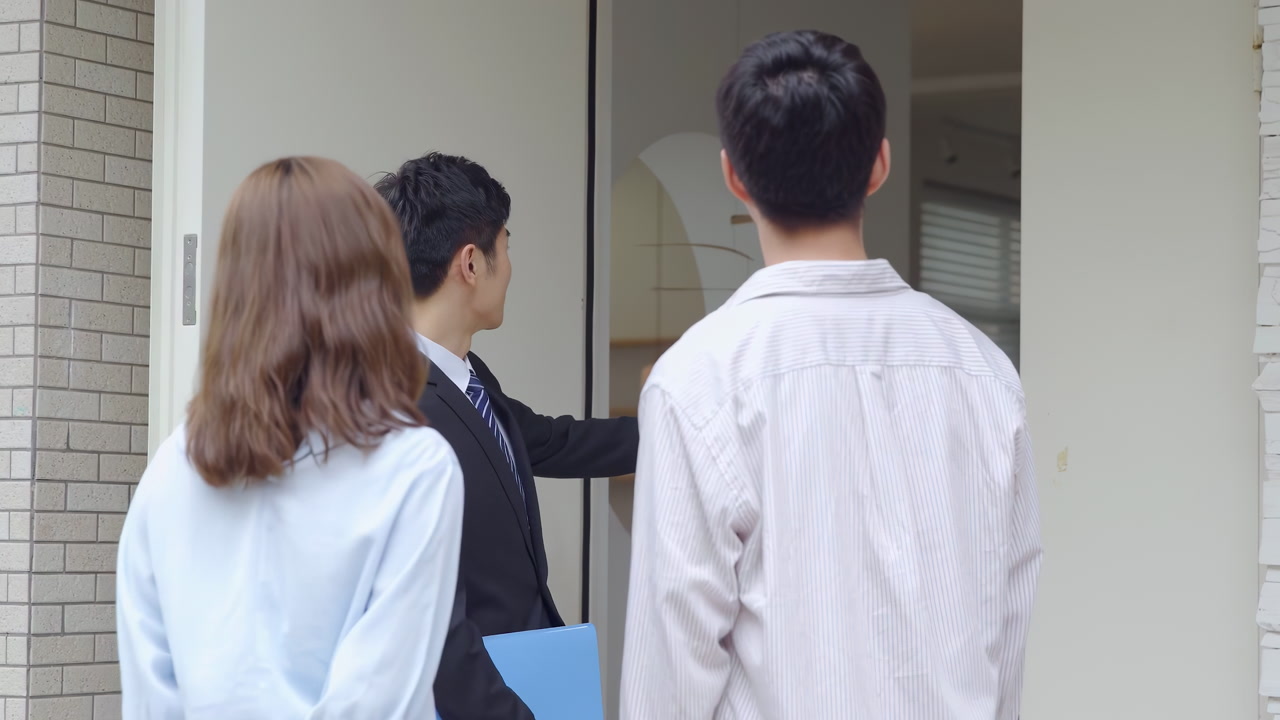 Welcoming new property homeowners, smiling salesperson real estate realtor presenting a newly completed house, holding a clipboard with essential documents, introduces them to new living space