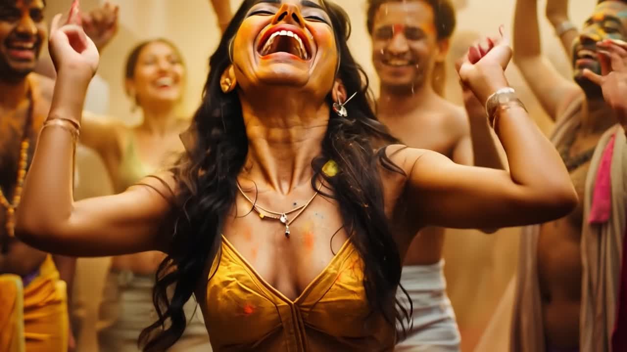 Joyful Participants Celebrating the Holi Festival with Colorful Powder