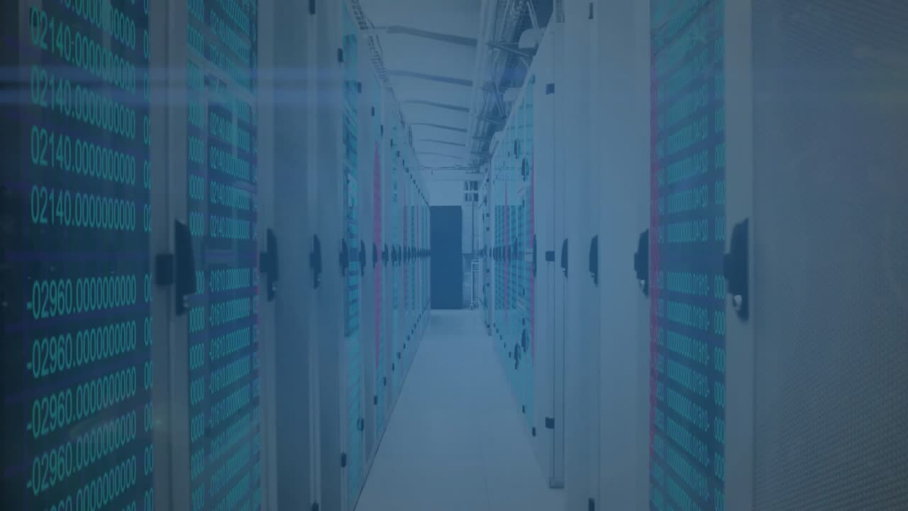 LED-lit server aisle initiating data cloud forming, pulsing then morphing into lock securing data