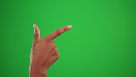 mockup, pointing and hand of person on green