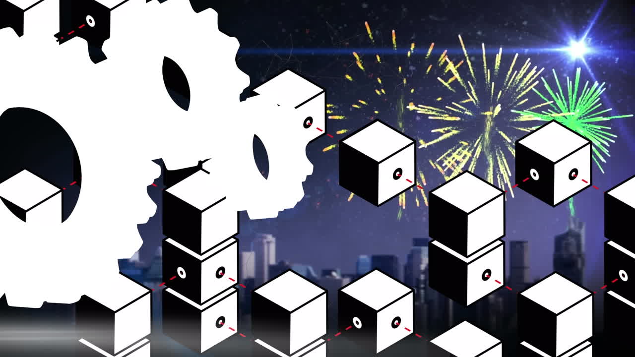 빛나는 파란색과 초록색 스크린을 가진 텔레비전 세트의 줄의 애니메이션