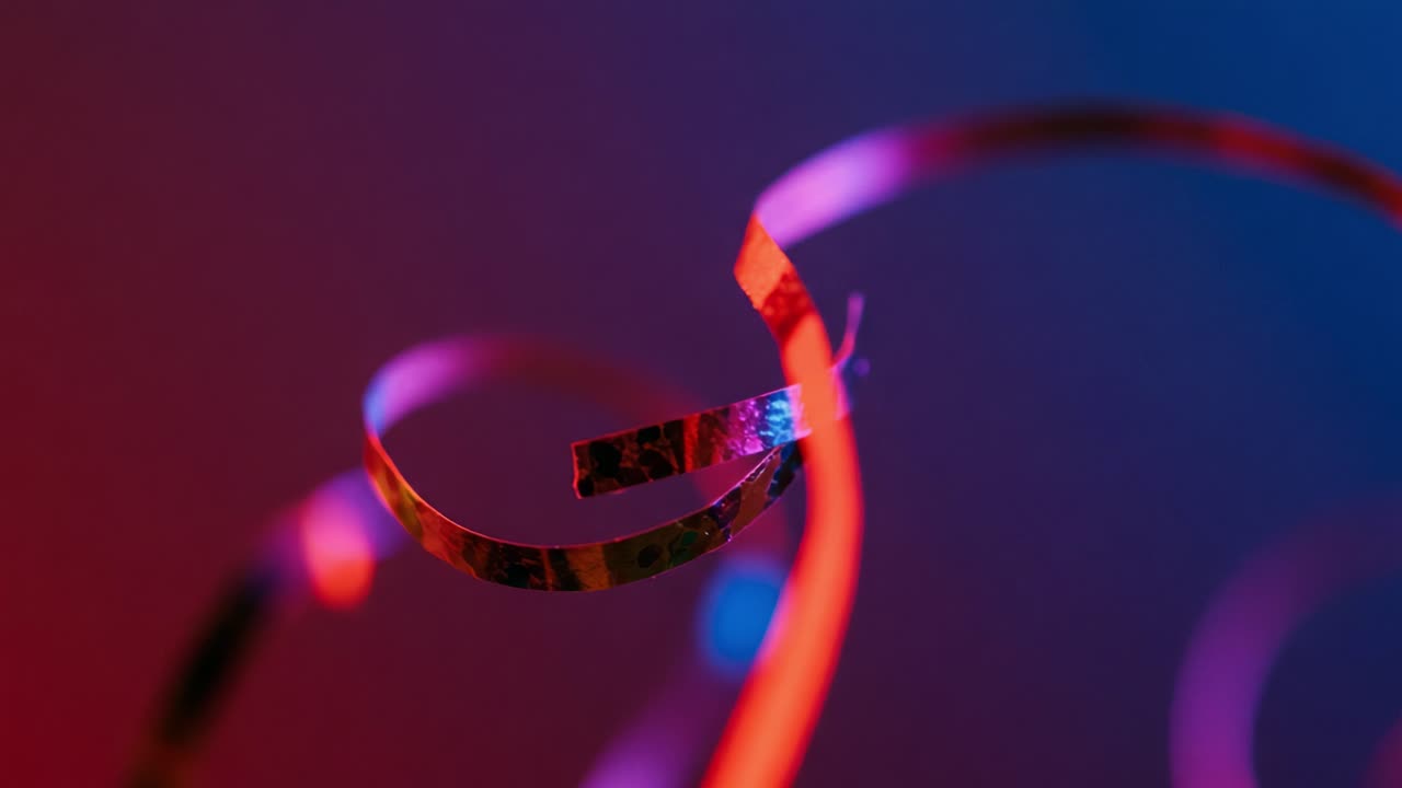 Delicate Swirls of Colorful Streamers Captured in Motion Against a Dark Background, Exuding a Vibrant and Playful Essence of Celebration and Festivity