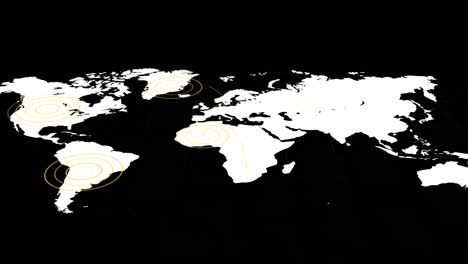 white world map with radiating yellow concentric circles over territories on black background