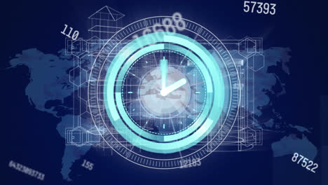 animation of neon ticking clock, changing numbers and round scanner against blue background